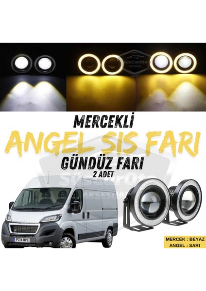 Peugeot Boxer Uyumlu Üniversal Mercekli Angel Sis Farı Metal Su Geçirmez 76 mm Sarı Halkalı Gündüz Farı Angel Eyes 2 Adet