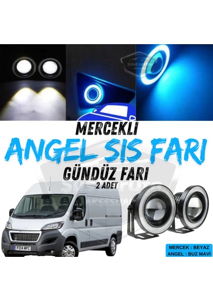 Peugeot Boxer Uyumlu Üniversal Mercekli Angel Sis Farı Metal Su Geçirmez 76 mm Buz Mavi Halkalı Gündüz Farı Angel Eyes 2 Adet