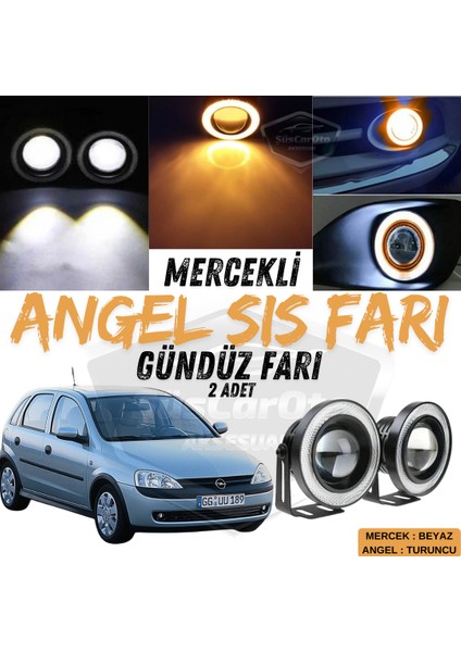 Opel Corsa C 2000-2006 Uyumlu Üniversal Mercekli Angel Sis Farı Metal Su Geçirmez 76 mm Turuncu Halkalı Gündüz Farı Angel Eyes 2 Adet