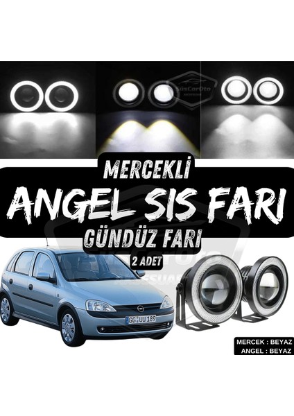 Opel Corsa C 2000-2006 Uyumlu Üniversal Mercekli Angel Sis Farı Metal Su Geçirmez 76 mm Beyaz Halkalı Gündüz Farı Angel Eyes 2 Adet