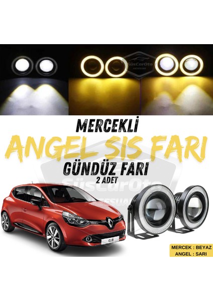 Renault Clio 4 2012-2020 Uyumlu Üniversal Mercekli Angel Sis Farı Metal Su Geçirmez 76 mm Sarı Halkalı Gündüz Farı Angel Eyes 2 Adet