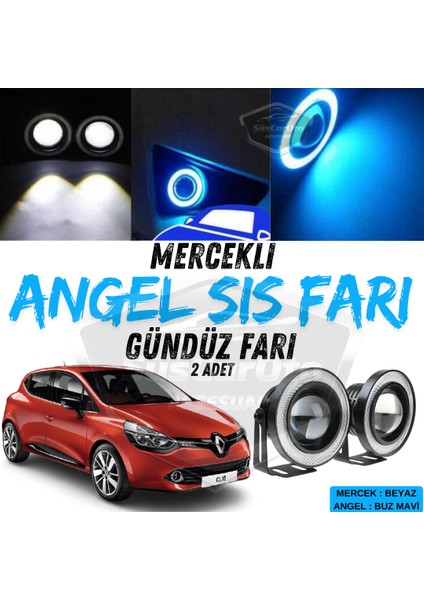 Renault Clio 4 2012-2020 Uyumlu Üniversal Mercekli Angel Sis Farı Metal Su Geçirmez 76 mm Buz Mavi Halkalı Gündüz Farı Angel Eyes 2 Adet