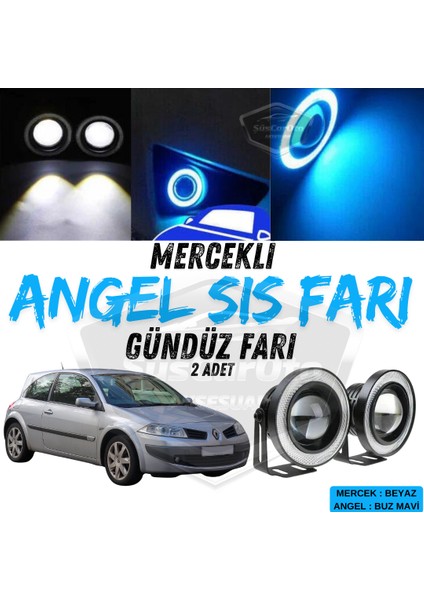 Renault Megane 2 2003-2008 Uyumlu Üniversal Mercekli Angel Sis Farı Metal Su Geçirmez 76 mm Buz Mavi Halkalı Gündüz Farı Angel Eyes 2 Adet