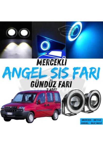 Fiat Doblo D1 2000-2005 Uyumlu Üniversal Mercekli Angel Sis Farı Metal Su Geçirmez 76 mm Buz Mavi Halkalı Gündüz Farı Angel Eyes 2 Adet