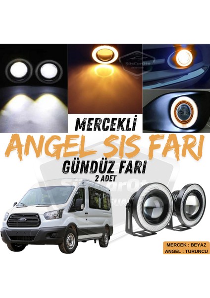 Ford Transit Tüm Modeller Uyumlu Üniversal Mercekli Angel Sis Farı Metal Su Geçirmez 76 mm Turuncu Halkalı Gündüz Farı Angel Eyes 2 Adet