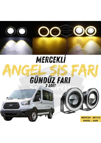 Ford Transit Tüm Modeller Uyumlu Üniversal Mercekli Angel Sis Farı Metal Su Geçirmez 76 mm Sarı Halkalı Gündüz Farı Angel Eyes 2 Adet