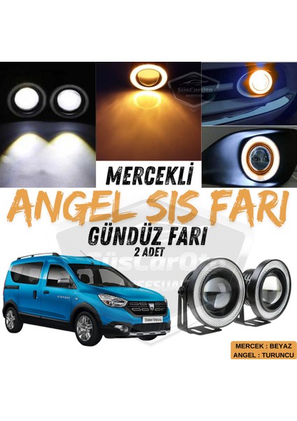 Dacia Dokker 2012-2022 Uyumlu Üniversal Mercekli Angel Sis Farı Metal Su Geçirmez 76 mm Turuncu Halkalı Gündüz Farı Angel Eyes 2 Adet