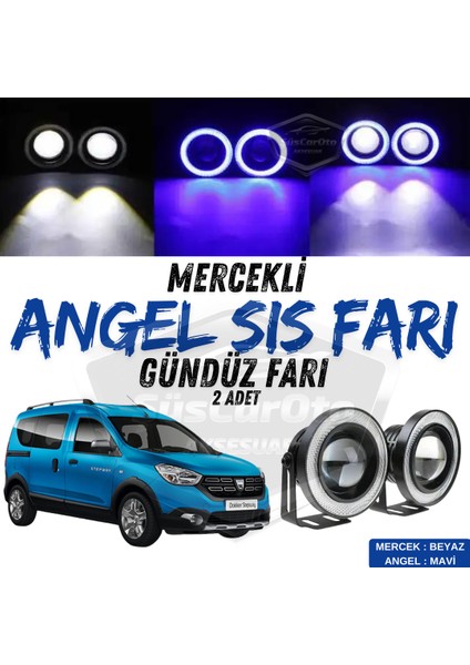 Dacia Dokker 2012-2022 Uyumlu Üniversal Mercekli Angel Sis Farı Metal Su Geçirmez 76 mm Mavi Halkalı Gündüz Farı Angel Eyes 2 Adet