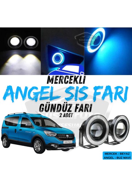 Dacia Dokker 2012-2022 Uyumlu Üniversal Mercekli Angel Sis Farı Metal Su Geçirmez 76 mm Buz Mavi Halkalı Gündüz Farı Angel Eyes 2 Adet