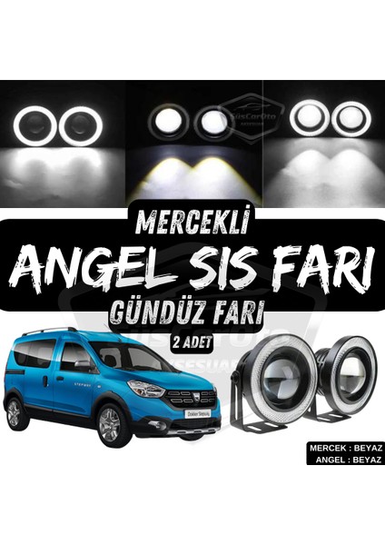Dacia Dokker 2012-2022 Uyumlu Üniversal Mercekli Angel Sis Farı Metal Su Geçirmez 76 mm Beyaz Halkalı Gündüz Farı Angel Eyes 2 Adet
