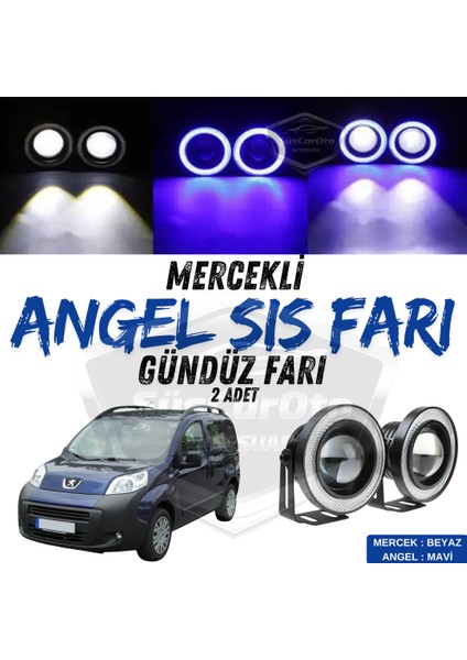 Peugeot Bipper 2008-2022 Uyumlu Üniversal Mercekli Angel Sis Farı Metal Su Geçirmez 76 mm Mavi Halkalı Gündüz Farı Angel Eyes 2 Adet