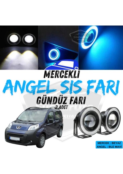 Peugeot Bipper 2008-2022 Uyumlu Üniversal Mercekli Angel Sis Farı Metal Su Geçirmez 76 mm Buz Mavi Halkalı Gündüz Farı Angel Eyes 2 Adet
