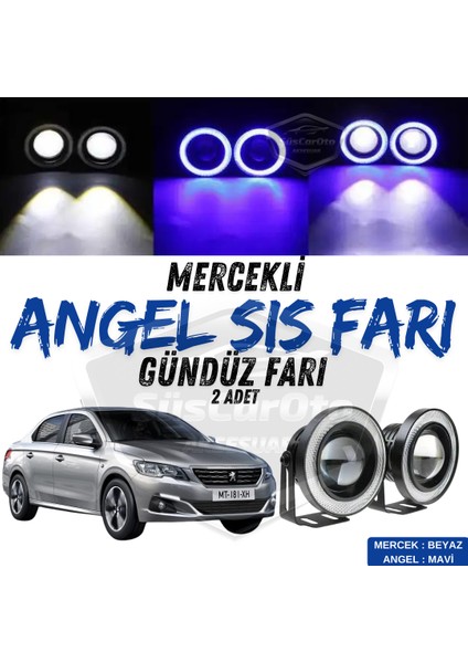 Peugeot 301 2012-2021 Uyumlu Üniversal Mercekli Angel Sis Farı Metal Su Geçirmez 76 mm Mavi Halkalı Gündüz Farı Angel Eyes 2 Adet