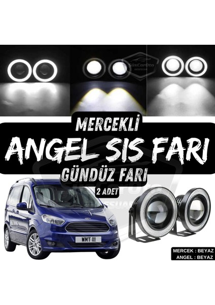 Ford Courier 2014-2023 Uyumlu Üniversal Mercekli Angel Sis Farı Metal Su Geçirmez 76 mm Beyaz Halkalı Gündüz Farı Angel Eyes 2 Adet