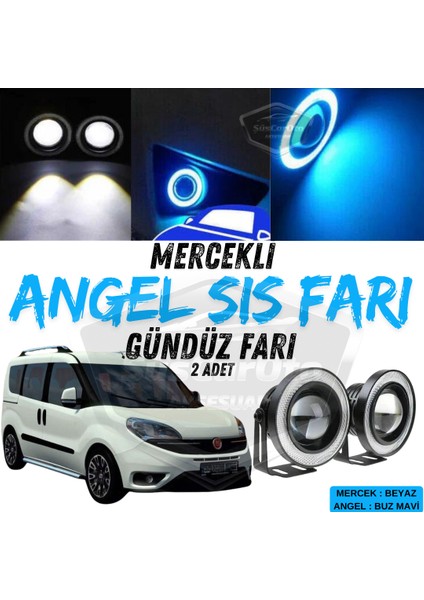 Fiat Doblo D4 2015-2021 Uyumlu Üniversal Mercekli Angel Sis Farı Metal Su Geçirmez 76 mm Buz Mavi Halkalı Gündüz Farı Angel Eyes 2 Adet
