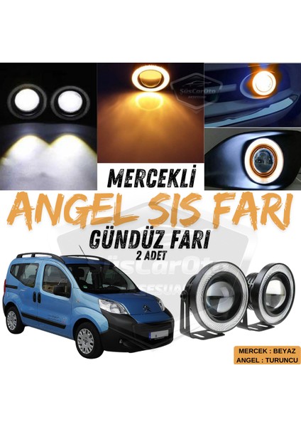 Citroen Nemo 2008-2022 Uyumlu Üniversal Mercekli Angel Sis Farı Metal Su Geçirmez 76 mm Turuncu Halkalı Gündüz Farı Angel Eyes 2 Adet