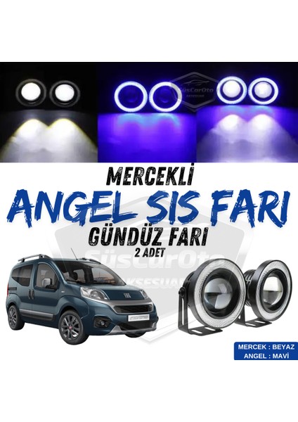 Fiat Fiorino 2008-2023 Uyumlu Üniversal Mercekli Angel Sis Farı Metal Su Geçirmez 76 mm Mavi Halkalı Gündüz Farı Angel Eyes 2 Adet