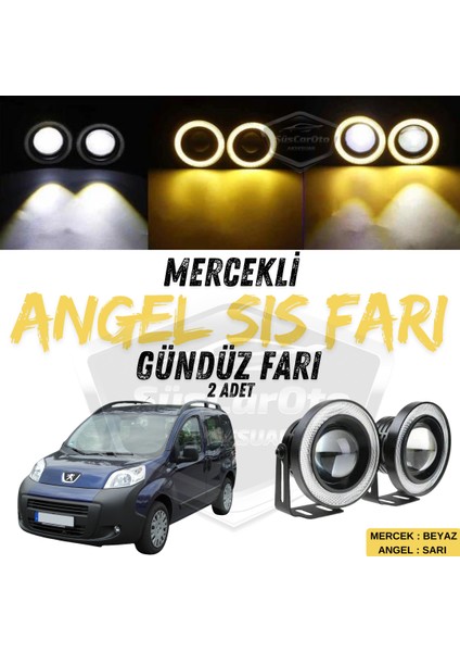 Peugeot Bipper 2008-2022 Uyumlu Üniversal Mercekli Angel Sis Farı Metal Su Geçirmez 76 mm Sarı Halkalı Gündüz Farı Angel Eyes 2 Adet