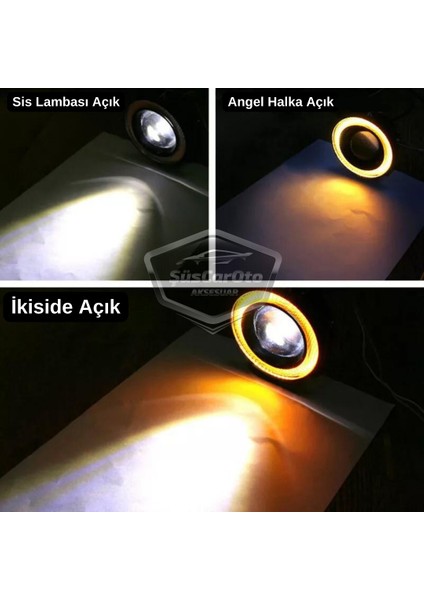 Peugeot Bipper 2008-2022 Uyumlu Üniversal Mercekli Angel Sis Farı Metal Su Geçirmez 76 mm Sarı Halkalı Gündüz Farı Angel Eyes 2 Adet indirimleri
