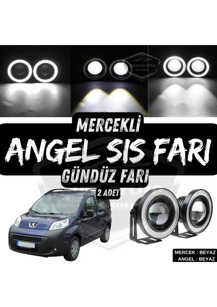 Peugeot Bipper 2008-2022 Uyumlu Üniversal Mercekli Angel Sis Farı Metal Su Geçirmez 76 mm Beyaz Halkalı Gündüz Farı Angel Eyes 2 Adet