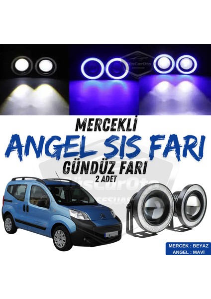 Citroen Nemo 2008-2022 Uyumlu Üniversal Mercekli Angel Sis Farı Metal Su Geçirmez 76 mm Mavi Halkalı Gündüz Farı Angel Eyes 2 Adet