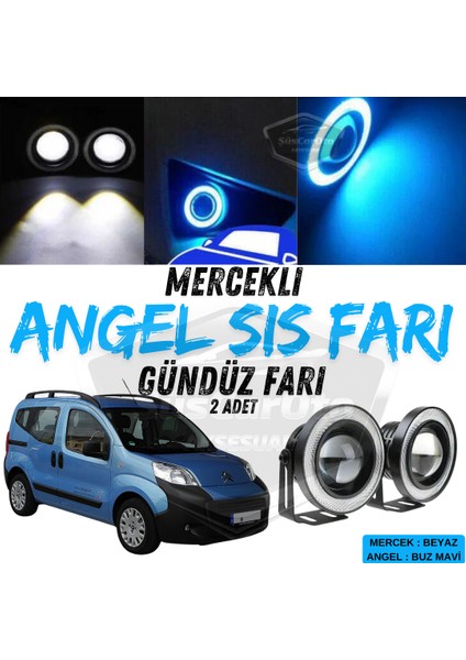Citroen Nemo 2008-2022 Uyumlu Üniversal Mercekli Angel Sis Farı Metal Su Geçirmez 76 mm Buz Mavi Halkalı Gündüz Farı Angel Eyes 2 Adet
