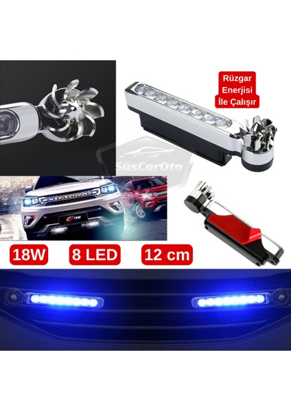 Araç Oto Rüzgar Enerjili Kablosuz 8 Ledli Gündüz Farı Araba Fırfırlı Elektriksiz Gündüz Ledi Lamba Su Geçirmez Mavi