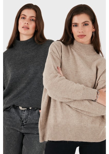 Oversize Fit Balıkçı Yaka Yumuşak Dokulu 2'li Paket Triko Kazak Bayan Kazak 680KZ00469S2