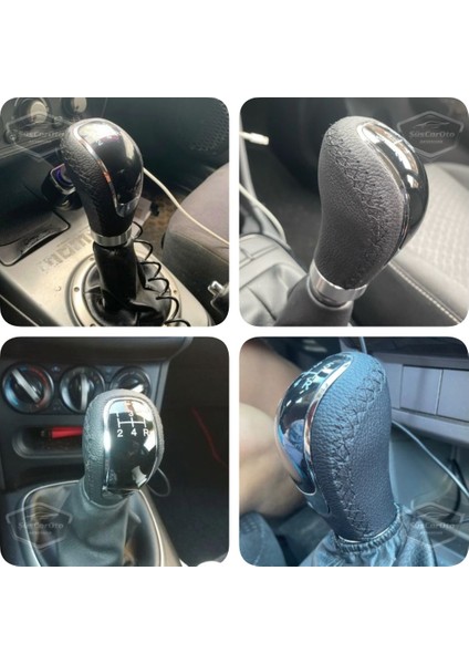 Üniversal Siyah Dikişli Deri Spor Görünümlü Vites Topuzu Değişen Kapaklı Aparatlı Manuel Vites Kolu ONV01