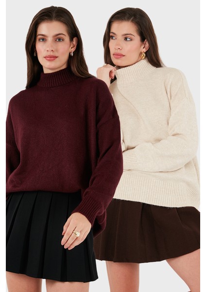 Oversize Fit Balıkçı Yaka Yumuşak Dokulu 2'li Paket Triko Kazak Bayan Kazak 680KZ00469S2