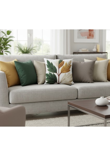 İçi Dolu Krep Örgü Üzerine Dijital Baskılı Kırlent 45x43 cm | Yaprak Desenli Dekoratif Yastık modelleri