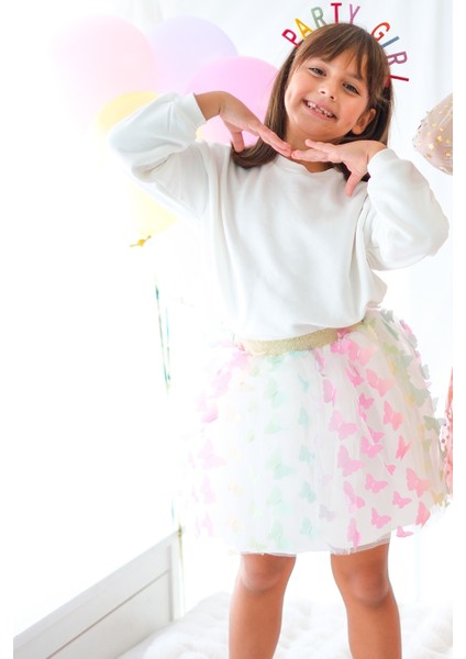 Çok Renkli Kelebek Aplikeli Kız Çocuk Tül Etek - Pauline