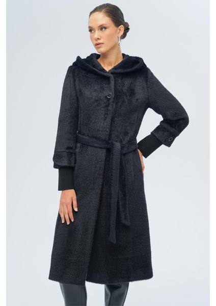 Kapüşonlu Ribana Detaylı Pelüş Kaban Siyah 3118