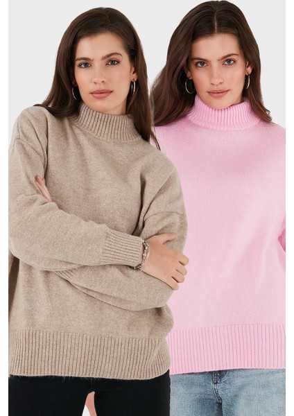 Oversize Fit Balıkçı Yaka Yumuşak Dokulu 2'li Paket Triko Kazak Bayan Kazak 680KZ00469S2