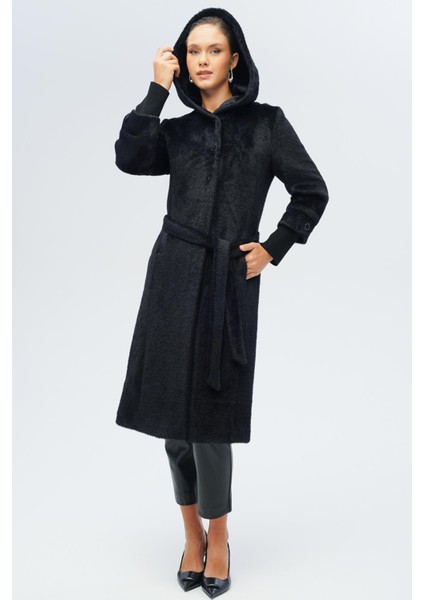 Kapüşonlu Ribana Detaylı Pelüş Kaban Siyah 3118 fiyatları