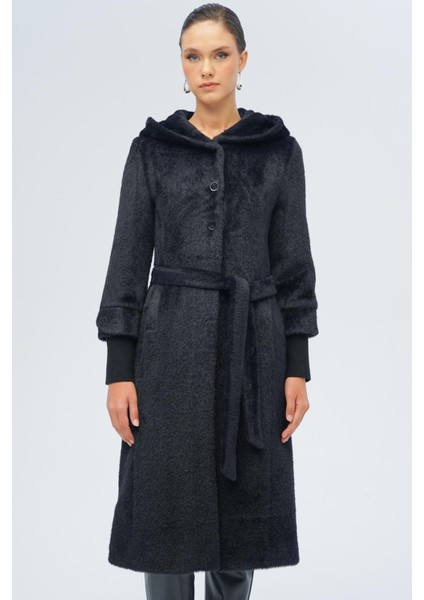 Kapüşonlu Ribana Detaylı Pelüş Kaban Siyah 3118 fırsatları