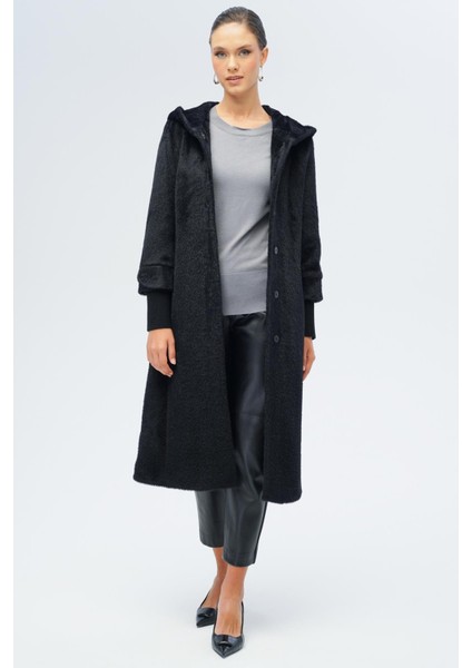 Kapüşonlu Ribana Detaylı Pelüş Kaban Siyah 3118 indirimleri