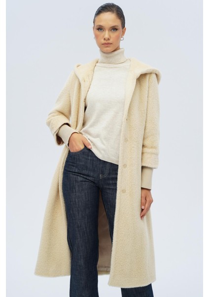 Kapüşonlu Ribana Detaylı Pelüş Kaban Bej 3118