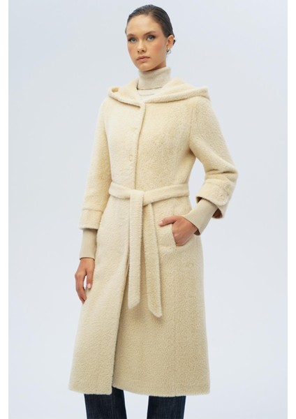 Kapüşonlu Ribana Detaylı Pelüş Kaban Bej 3118 fiyatları