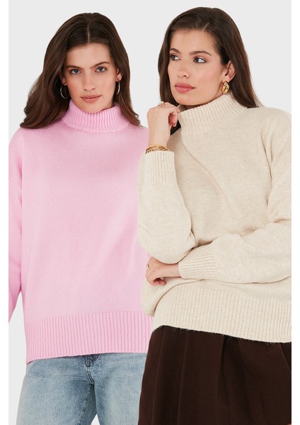 Oversize Fit Balıkçı Yaka Yumuşak Dokulu 2'li Paket Triko Kazak Bayan Kazak 680KZ00469S2