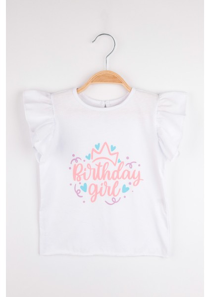Beyaz Taçlı Birthday Girl Baskılı Kısa Kollu Kız Çocuk Tişört - Olena indirimleri
