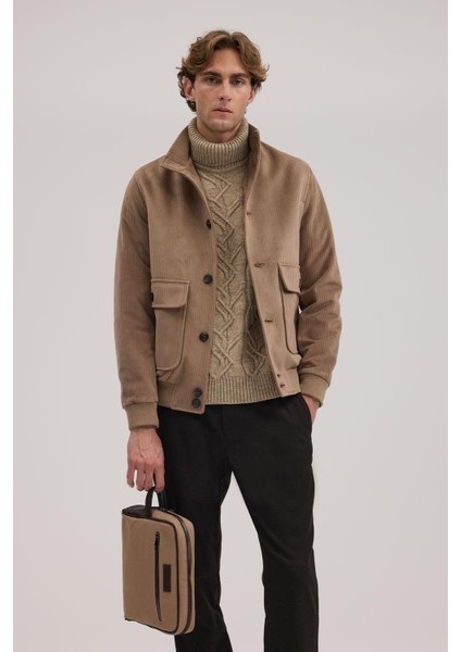 Kahve Comfort Fit Hakim Yaka Kadife Mont