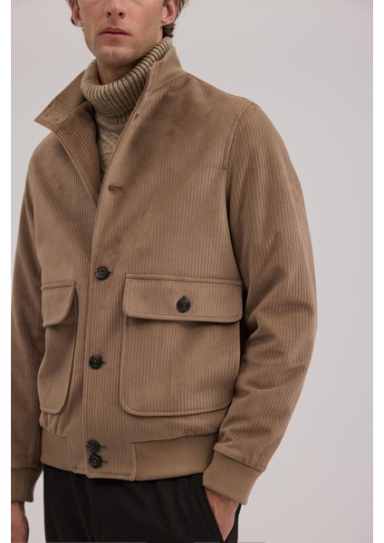 Kahve Comfort Fit Hakim Yaka Kadife Mont modelleri