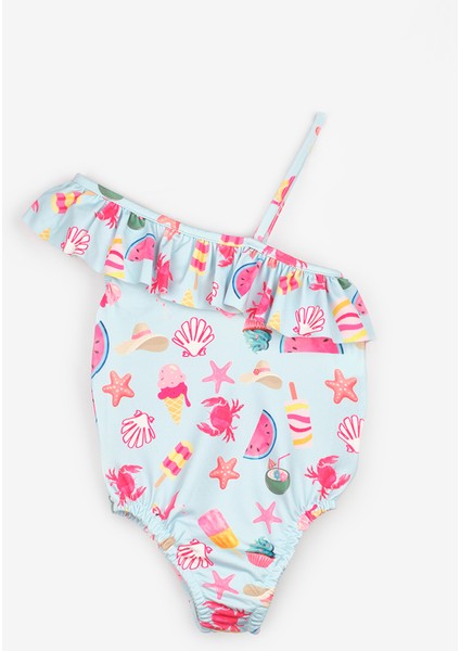 Mavi Dondurma Desenli Kız Çocuk Mayo