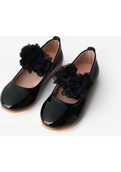 Siyah Tül Çiçekli Kız Çocuk Ayakkabı