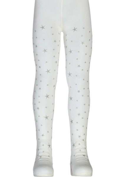 Ekru Simli Yıldızlı Kız Çocuk Muz Külotlu Çorap