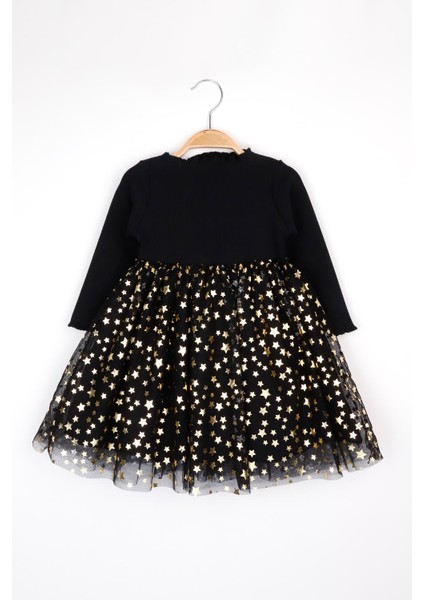 Siyah Yıldız Baskılı Tül Etekli Kız Çocuk Elbise - Karen