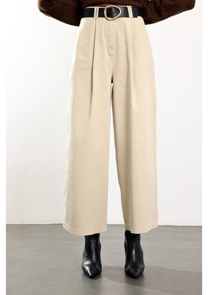 Bej Kemerli Geniş Paça Pantolon 51223 fırsatları