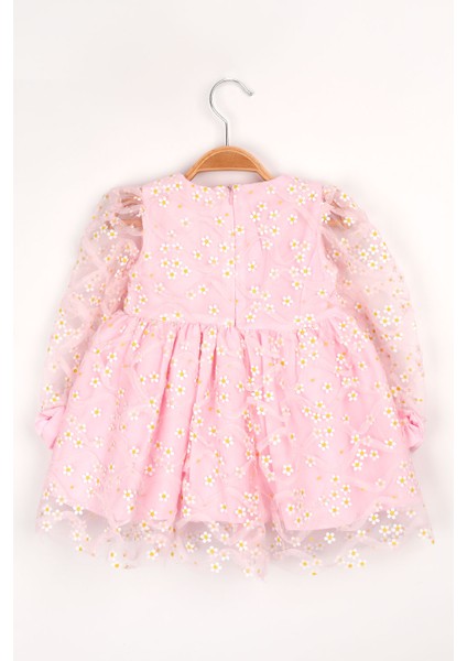 Pembe Papatyalı Tül Detaylı Kız Çocuk Elbise - Hera