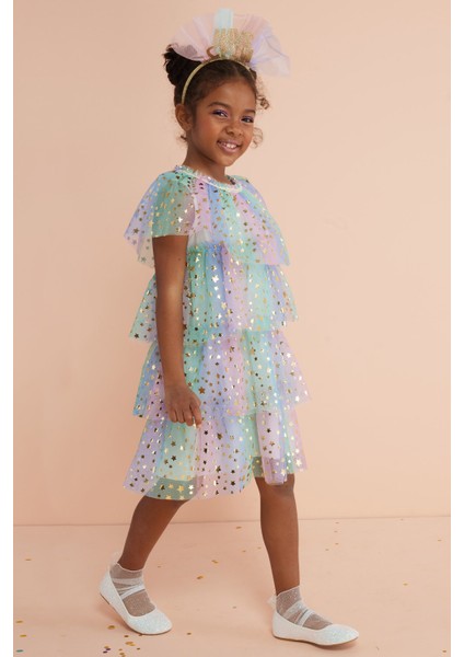 Çok Renkli Yıldız Baskılı Katlı Tül Kız Çocuk Elbise - Estela